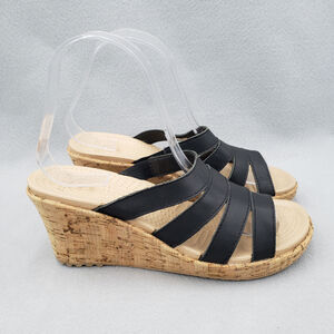 Crocs A-LEIGH Cork Wedge Sandals Women’s Size 6 Black Leather Shoes (200414)